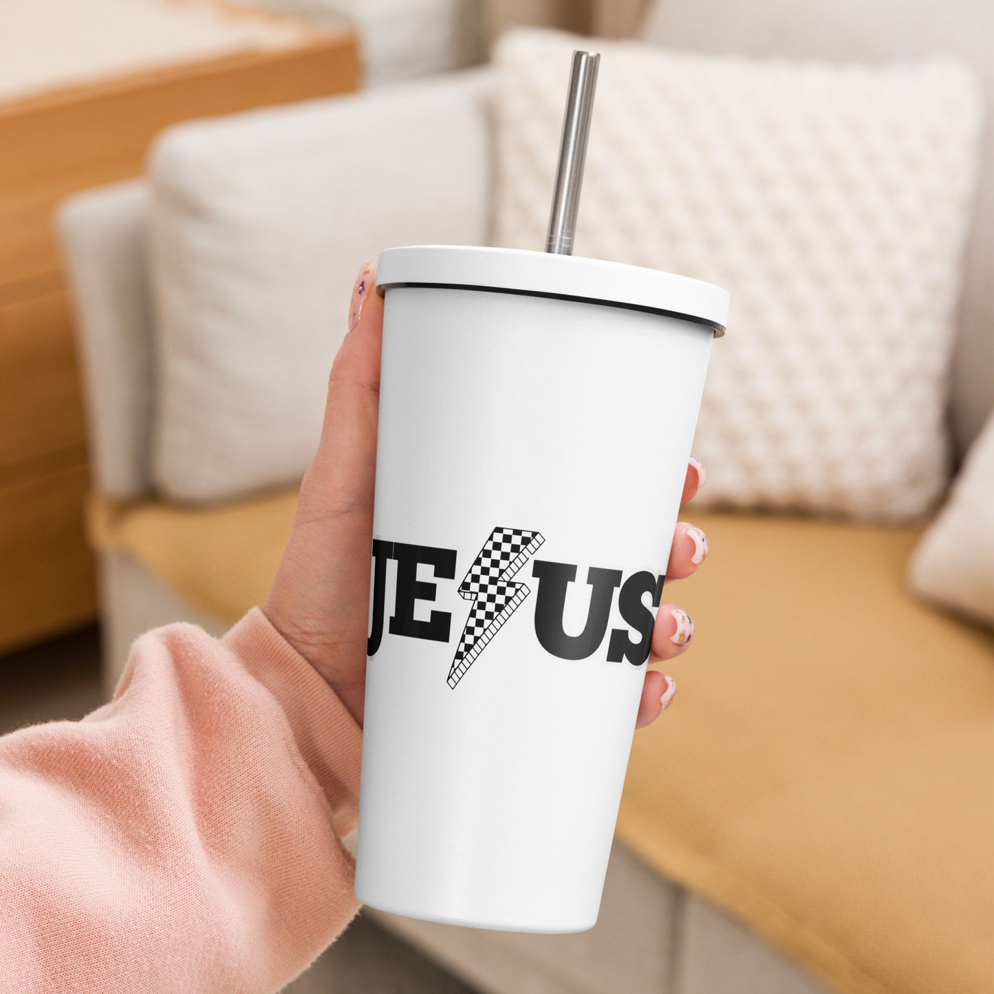 Insulated Jesus tumbler with a straw